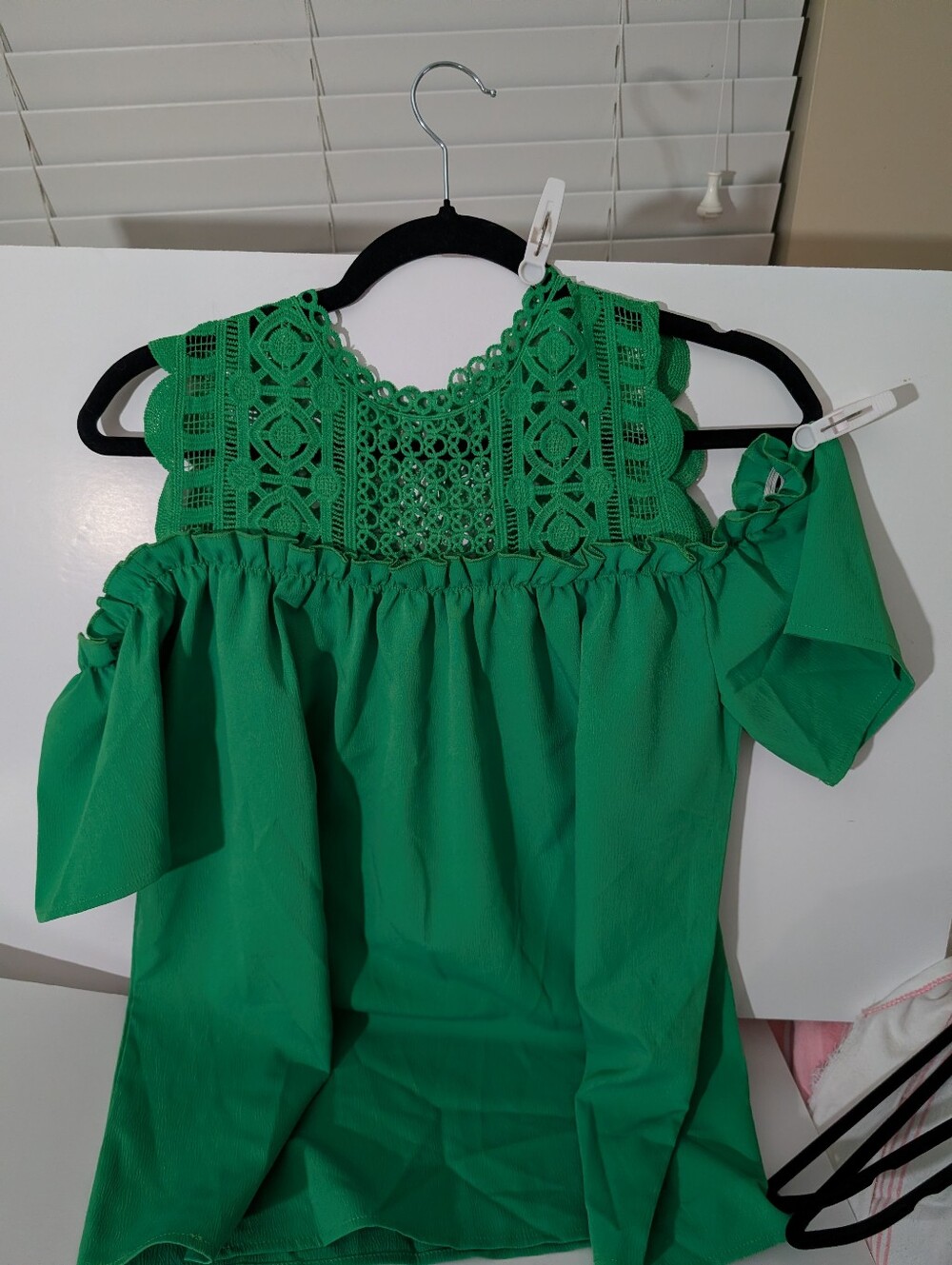 Green Crochet Yoke Top with off shoulder sleeves